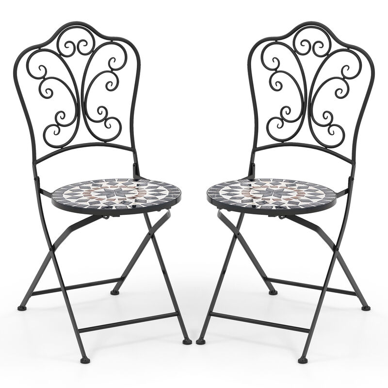 Set of 2 Metal Folding Chairs with Mosaic Pattern for Patio or Garden