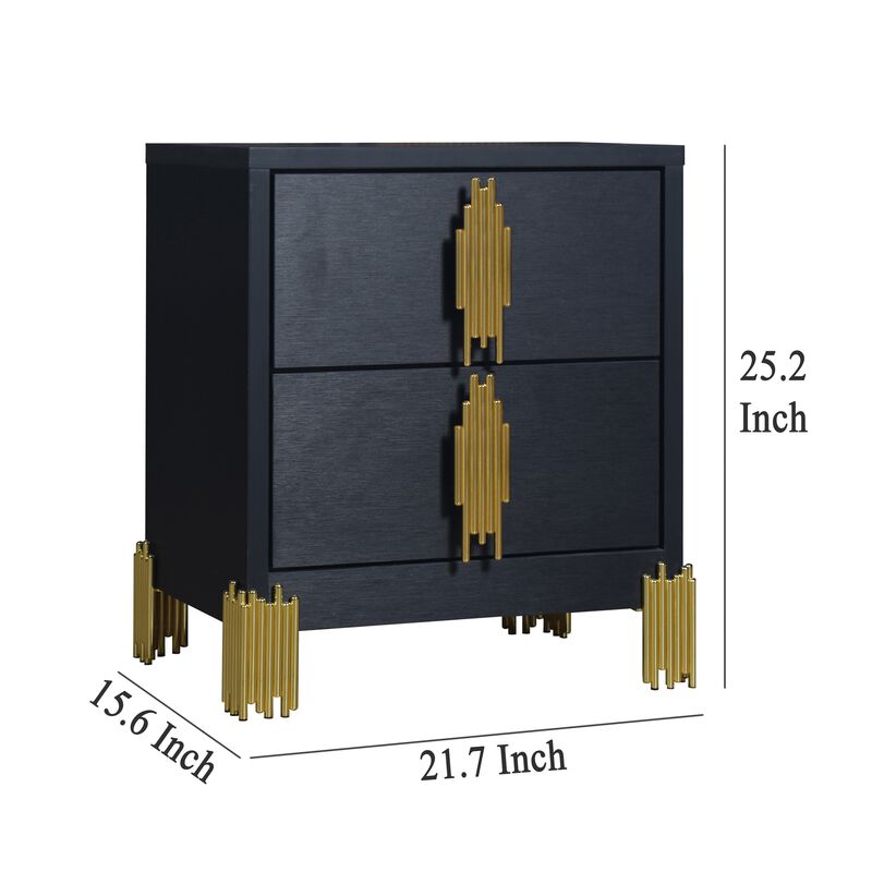 Theo Nightstand, 2 Drawers, Retro Gold Handles and Black Wood, 25 Inch - Benzara