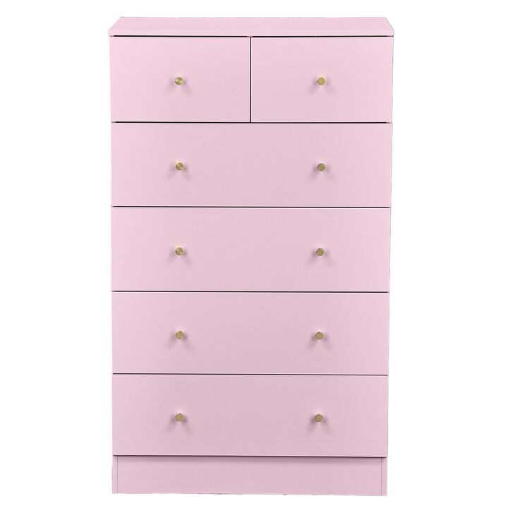 Pink 6 Drawer Dresser Cabinet with Gold Tone Handles and Tiered Storage