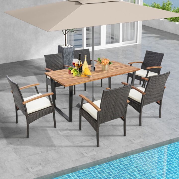Mondawe 7-Piece Outdoor Rattan Patio Dining Set,Cushion& Acacia Wood Table With Umbrella Hole