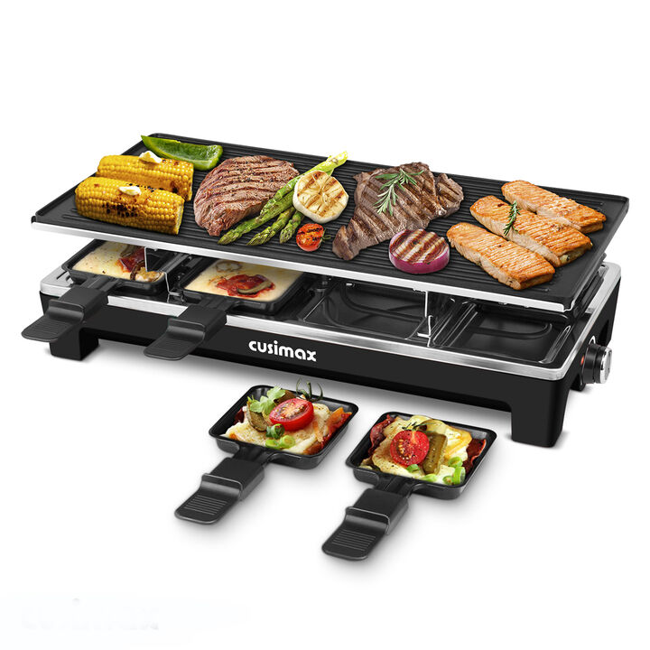 Cusimax 2-in-1 Electric Raclette Grill, Indoor Portable Electric BBQ Grill, Reversible Non-stick Plate, Crepe Maker with Temperature Control