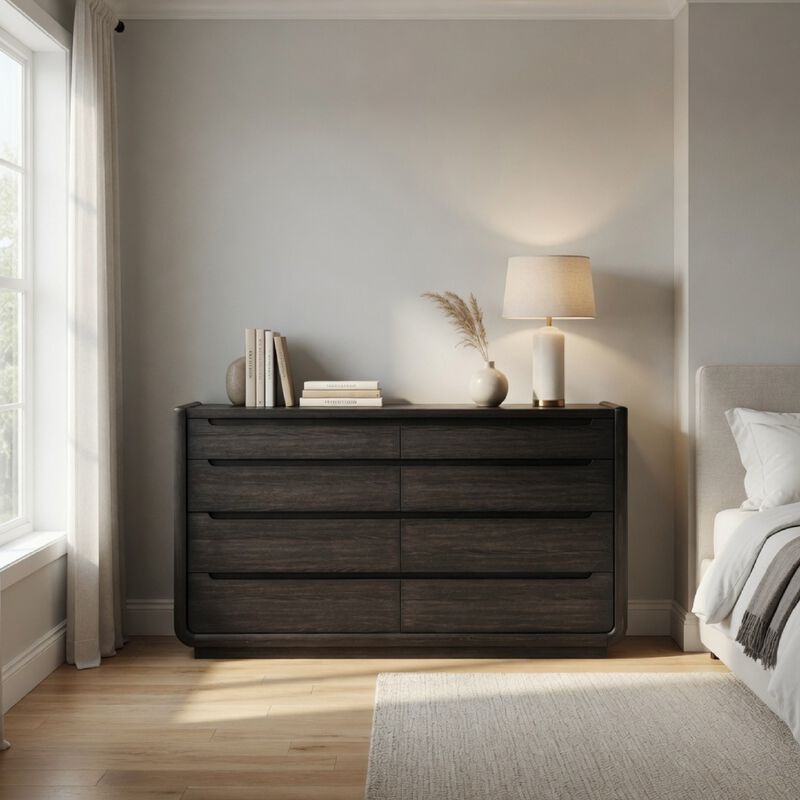 Lina Wide Dresser with 8 Drawers, Integrated Handles, Black Wood image number 1