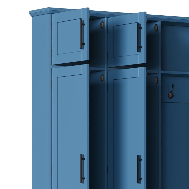 Farmhouse Hall Tree with Hidden Hooks, Walnut Bench, 8 Door Entryway Shoe Cabinet, Open Storage