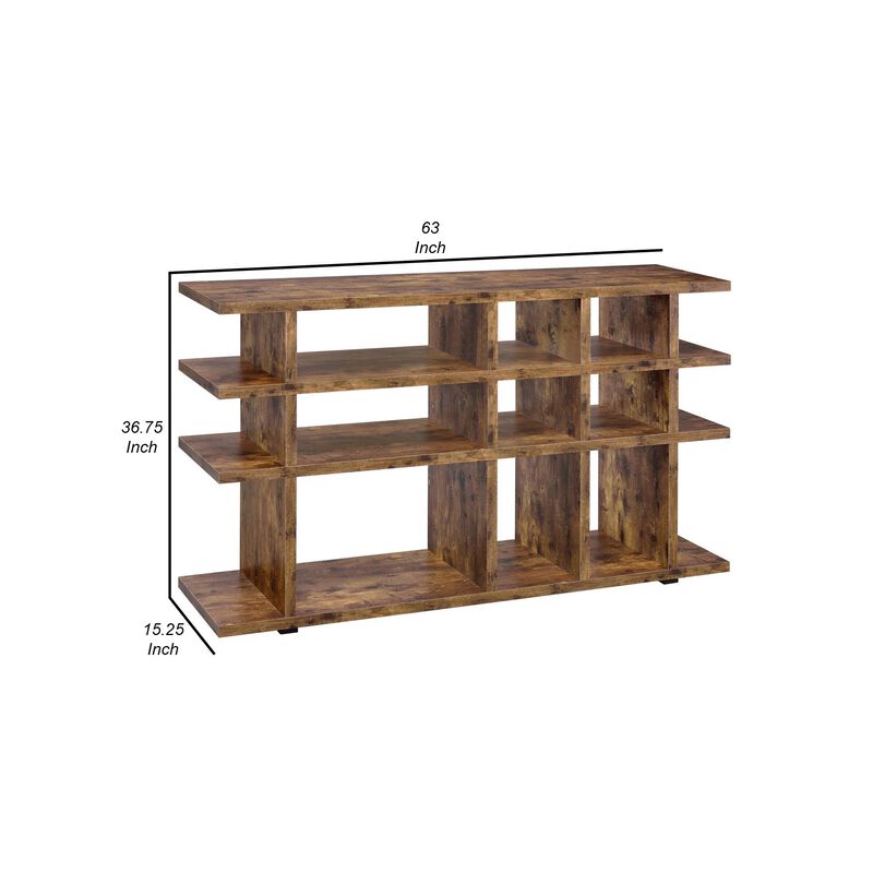 63 Inch Wood Bookcase, 3 Tier Divided Shelves, Vertical, Rustic Brown-Benzara