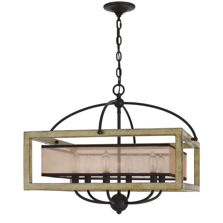 Acia 24 Inch Chandelier, Square Organza Shade, Wood, Metal  - Benzara
