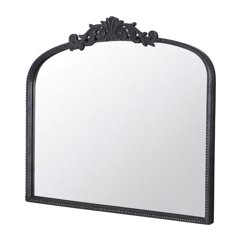 Kea 41 Inch Wall Mirror, Black Curved Arched Metal Frame, Baroque Design - Benzara