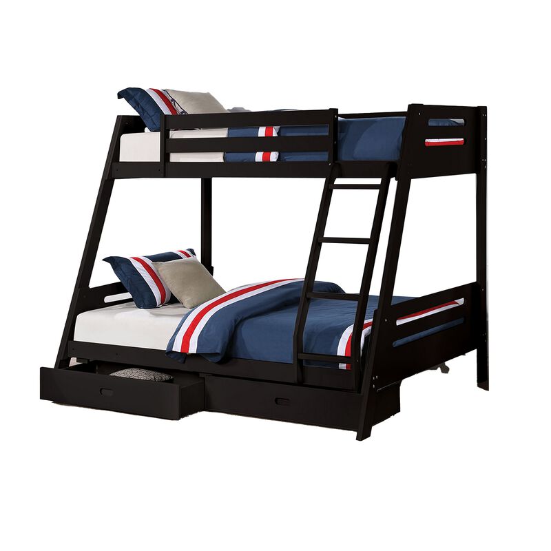 Emily Twin Over Full Bunk Bed with Ladder, 2 Drawers, Black Solid Wood