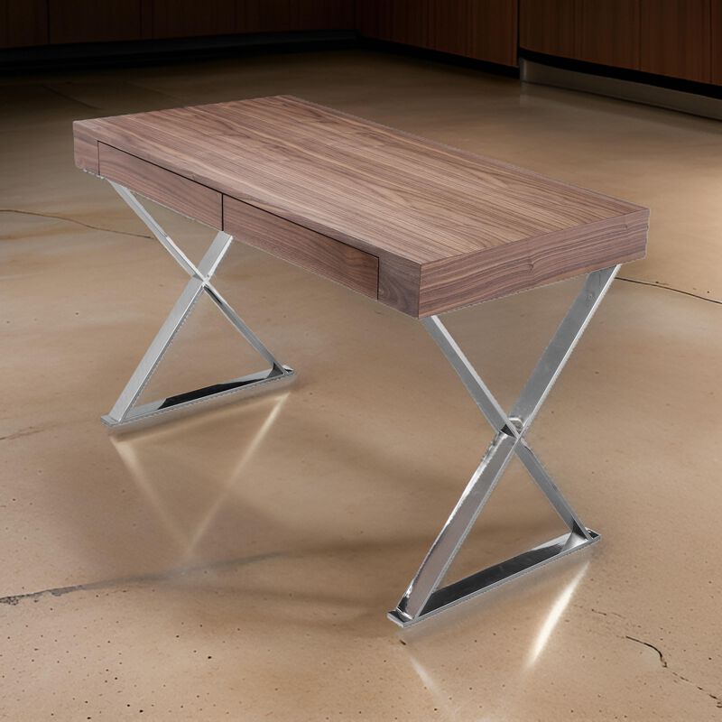 Rix 47 Inch Office Desk, Walnut Wood Top, 2 Drawers, X Polished Steel Legs - Benzara