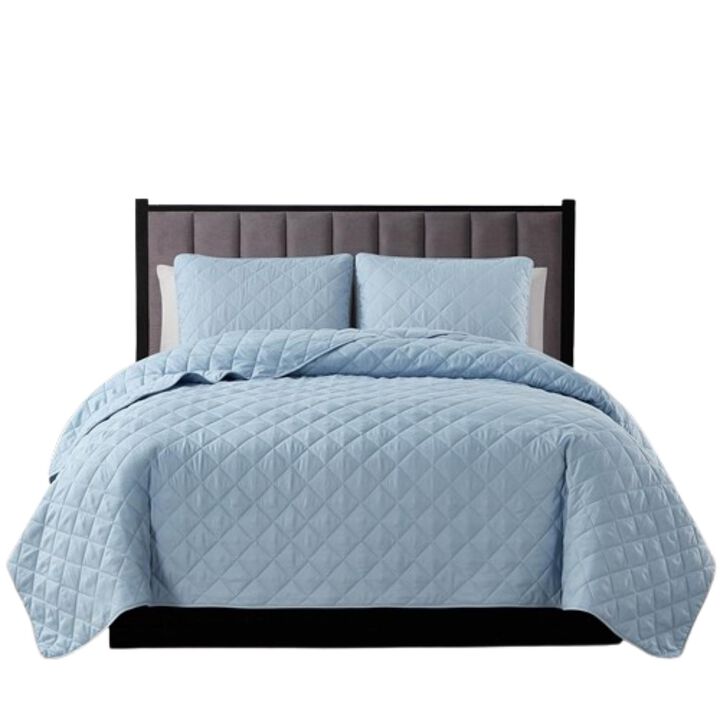 Hivvago King/CAL King 3 Piece Light Blue Microfiber Reversible Diamond Quilt Set