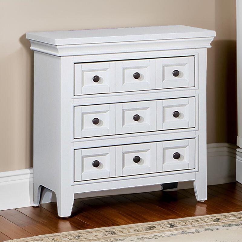 Cile 26 Inch Nightstand, 3 Panel Drawers, White Wood, Round Nickel Handles - Benzara