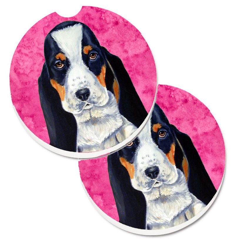 Caroline's Treasures Pink Basset Hound Set of 2 Cup Holder Car Coasters LH9374PKCARC, 2.56, Multicolor image number 0