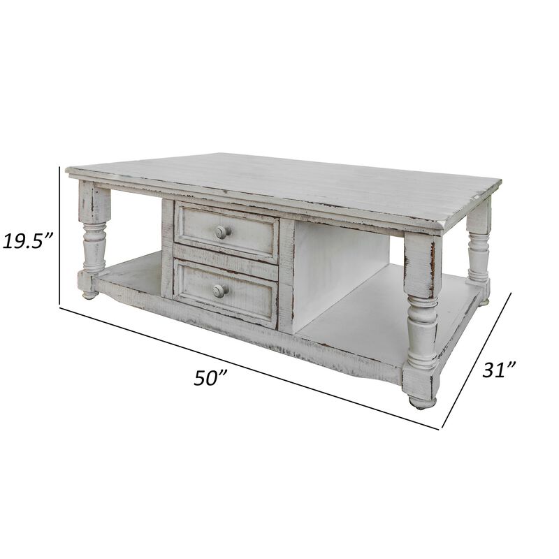 Genie 50 Inch Cocktail Coffee Table, 4 Drawer, Shelves, White Mango Wood-Benzara image number 5