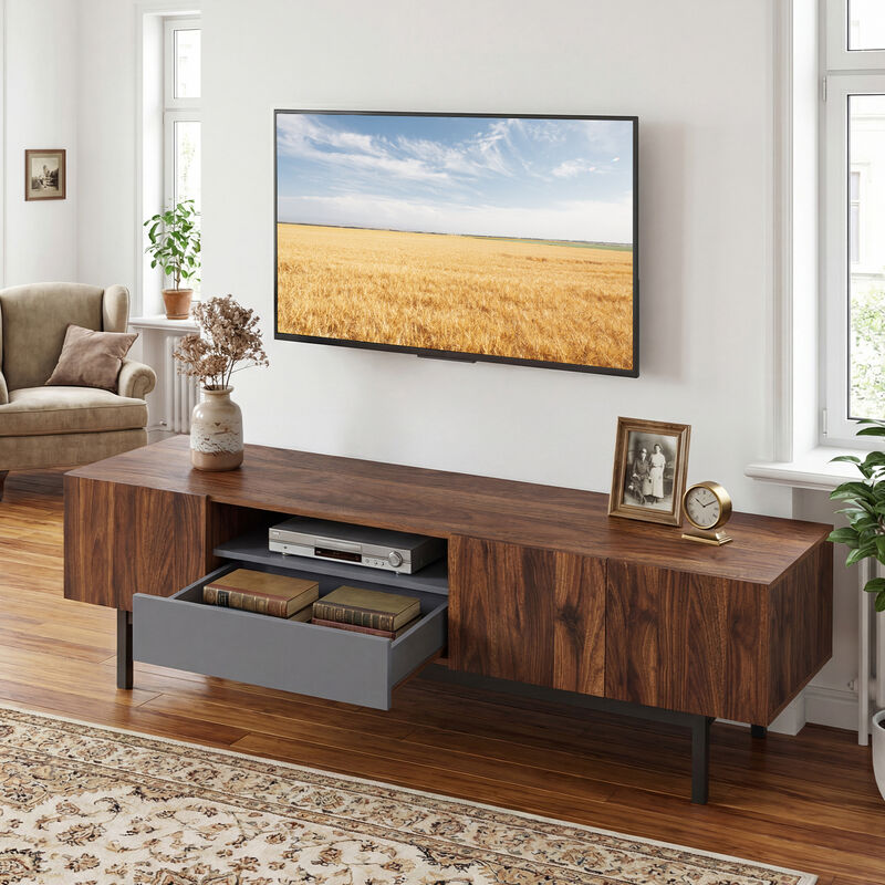 Modern TV Cabinet for TVs with Drawer Mid Century Design for Living Room-Walnut image number 1