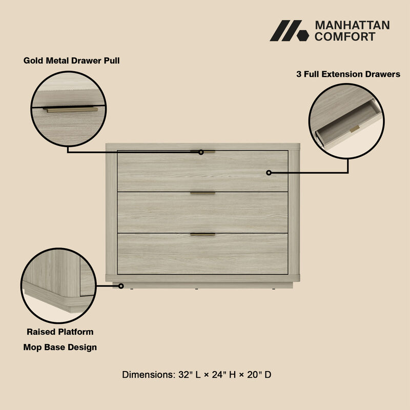 Evelyn Wide 3-Drawer Nightstand in Gray