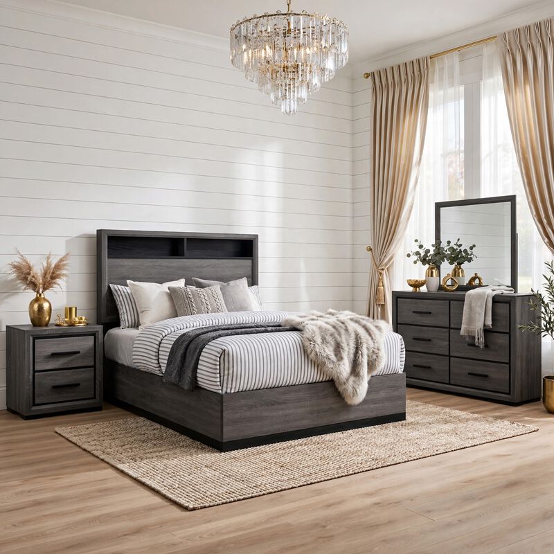 Kalie 4pc Queen Bedroom Set with Bookcase Headboard, Storage, Gray Wood image number 6