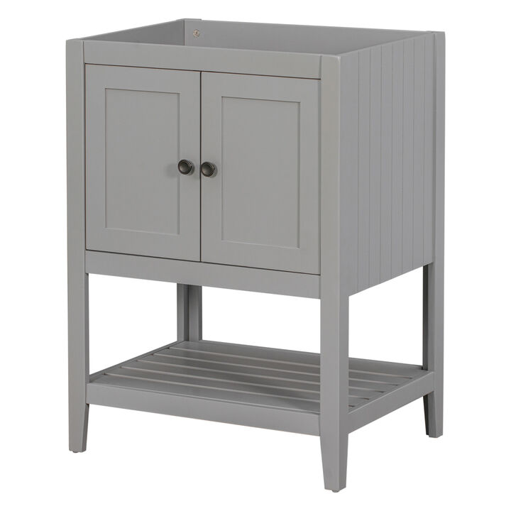 24" Bathroom Vanity Base Only, Solid Wood Frame, Bathroom Storage Cabinet with Doors and Open Shelf, Grey