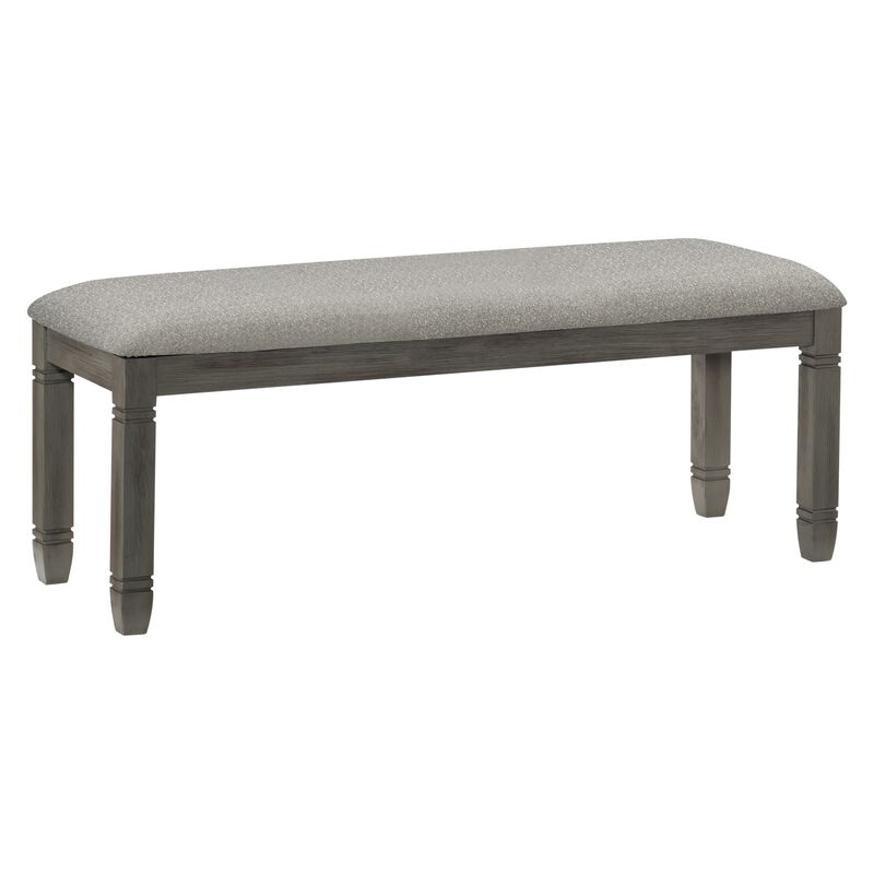 Rome 48 Inch Bench, Gray Textured Fabric, Padded Seat, Antique Gray Wood-Benzara image number 1