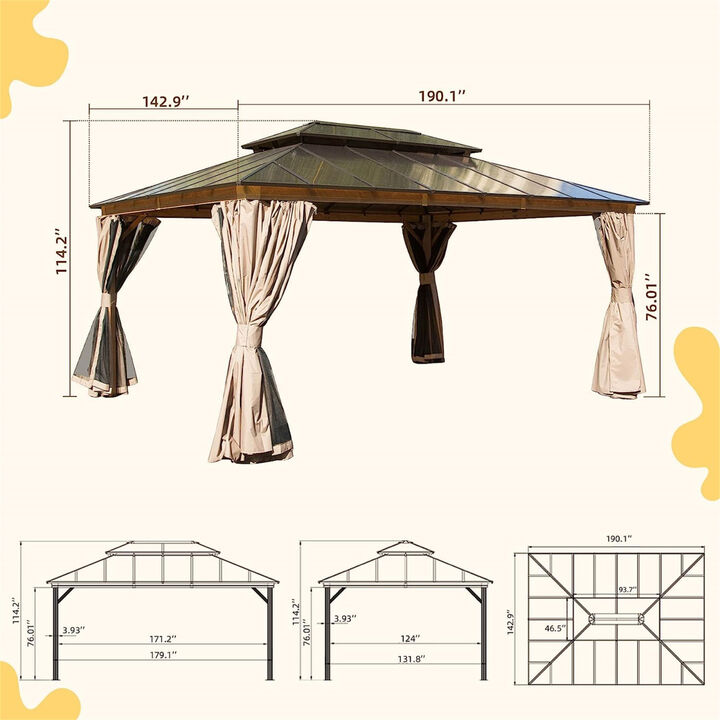 12x16ft Hardtop Gazebo, Permanent Outdoor Gazebo with Polycarbonate Double Roof, Aluminum Gazebo Pavilion with Curtain and Net for Garden, Patio, Lawns, Deck, Backyard (Wood-Looking)