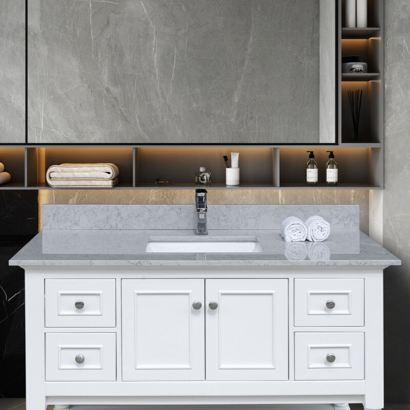 43 inches bathroom stone vanity top calacatta gray engineered marble color with undermount ceramic sink and single faucet hole with backsplash