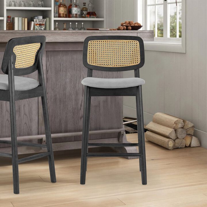 Glamour Home Set of 2 Azuka Gray Fabric Counter Stool with Rattan Back and Black Wood Legs