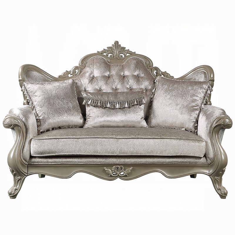 Bertha Baroque Loveseat with 3 Pillows, Tufted Champagne Gray, 70 Inch image number 2