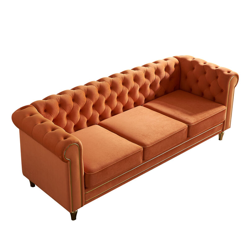 Chesterfield Velvet Sofa For Living Room Orange Color