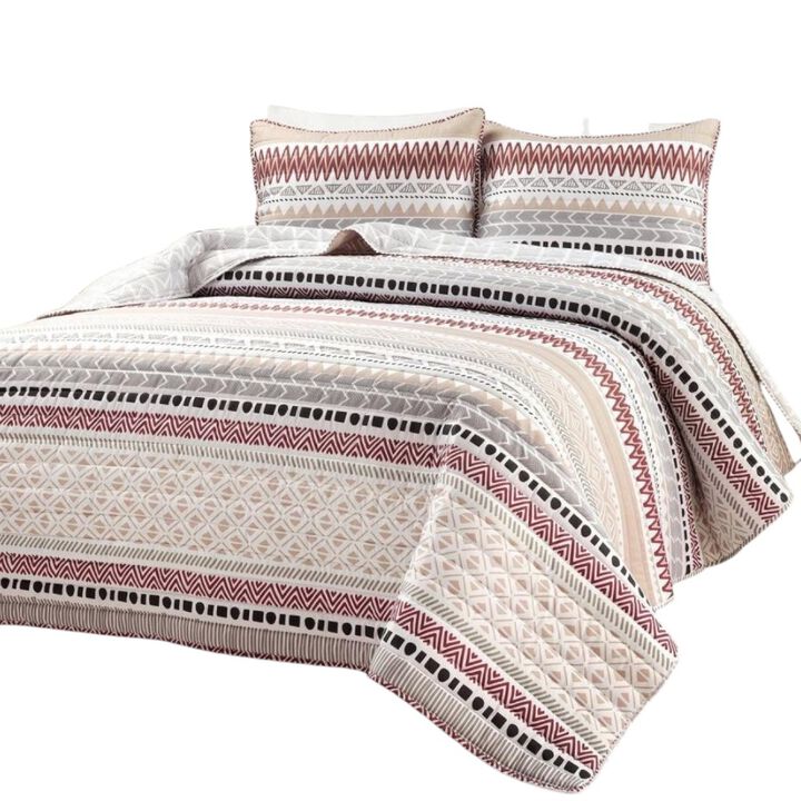 Hivvago Full/Queen Lightweight Rustic Red Chevron Stripe Reversible 3 Piece Quilt Set