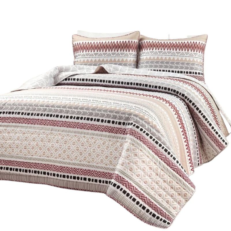 Hivvago Full/Queen Lightweight Rustic Red Chevron Stripe Reversible 3 Piece Quilt Set