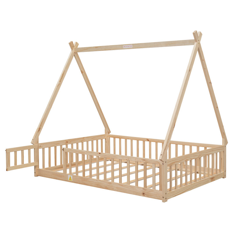 Tent-shaped Floor Bed, with Guardrails, Slats, Door