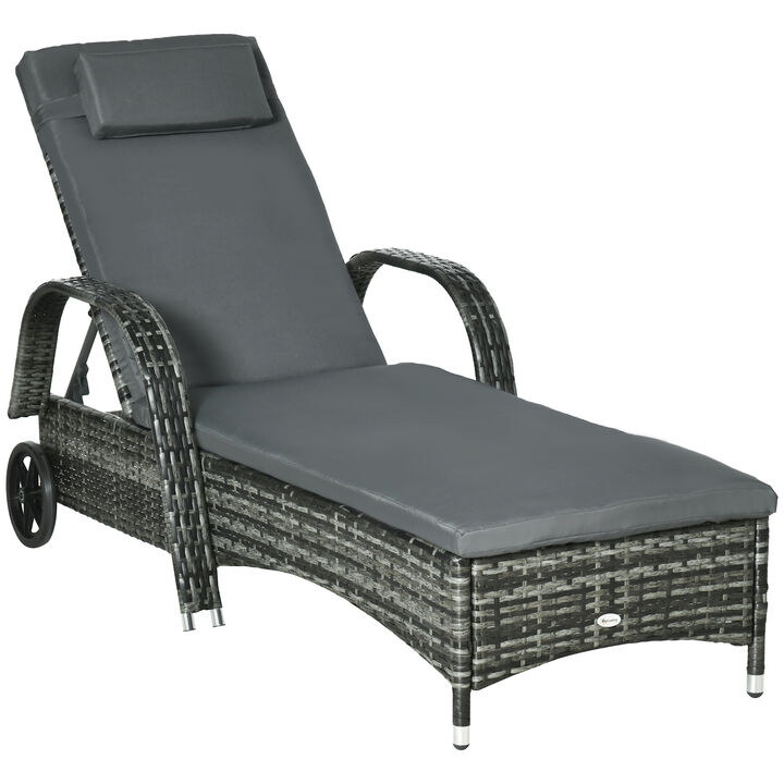 Outsunny Reclining Chaise Lounge Chair, Thickly Cushioned, Headrest, Armrests, Rolling Outdoor Plastic Rattan Sun Bathing Chair with Wheels for Poolside, Pool, Patio, Mixed Gray