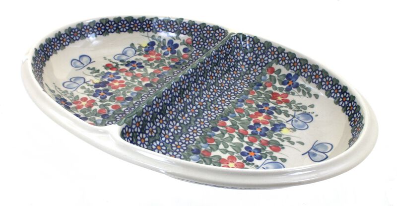 Blue Rose Polish Pottery Butterfly Large Divided Dish