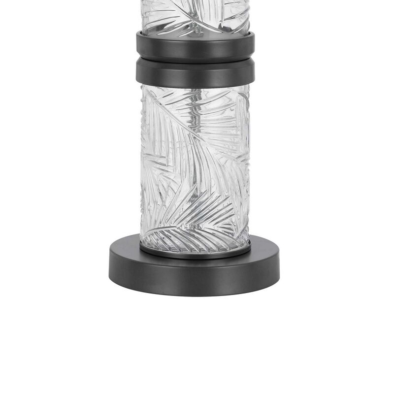 Hem 31 Inch Table Lamp with Drum Hardback, LED, Leafy Glass, Gray Metal - Benzara