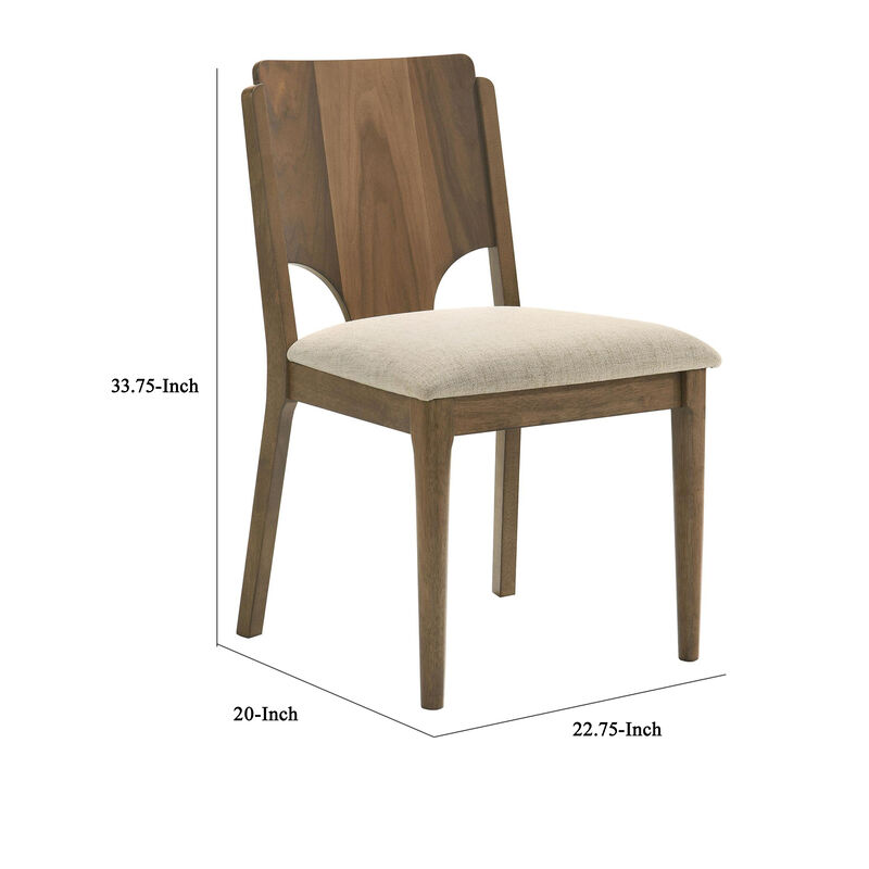 Billie Dining Chair Set of 2, Beige Fabric Seat, Brown Hardwood Frame - Benzara