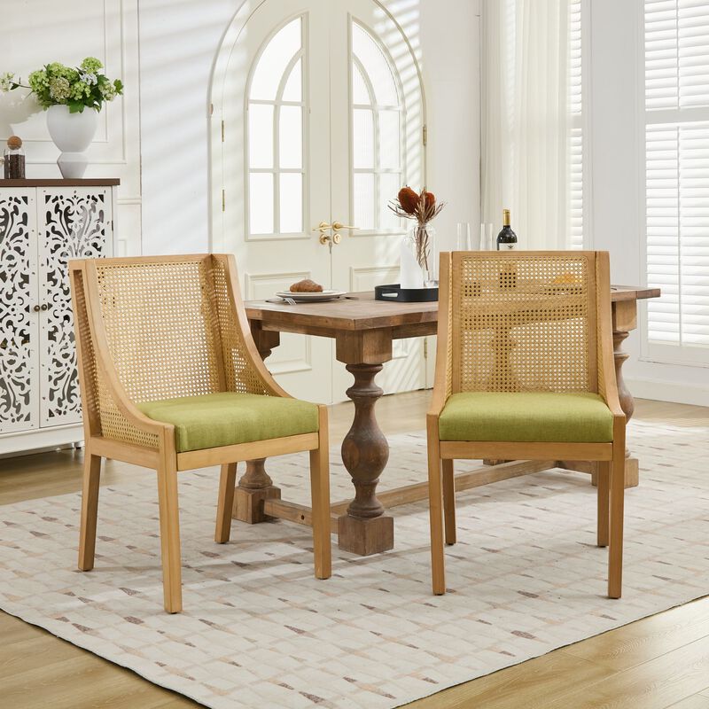 Whisen Rattan Dining Chairs, Solid Rubberwood Frame with Armrest, Linen Upholstered Seat, Set of 2 for Kitchen Living Room image number 3