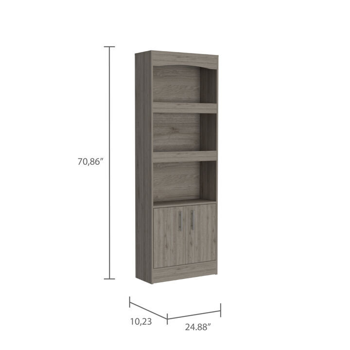 Simma Bookcase, Metal Hardware, Three Shelves, Double Door Cabinet -Light Gray