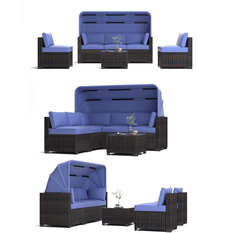 Mondawe 6 Pieces Patio Furniture Sets, Outdoor Rattan Daybed with Retractable Canopy, Outdoor Sectional Sofa Set with Adjustable Backrest, Chaise Chair Sunbed for Garden Poolside Backyard