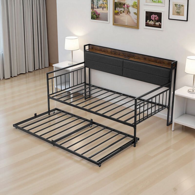Modern Metal Daybed Frame with Trundle and Power Charging Station