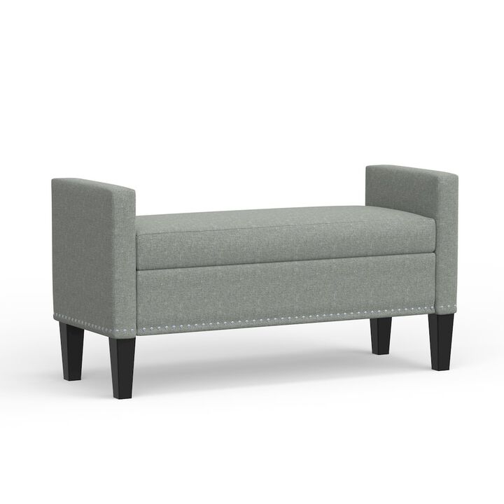 Rize Home 46 Storage Bench with Arms + Nailhead Trim - Stone (Light Gray)