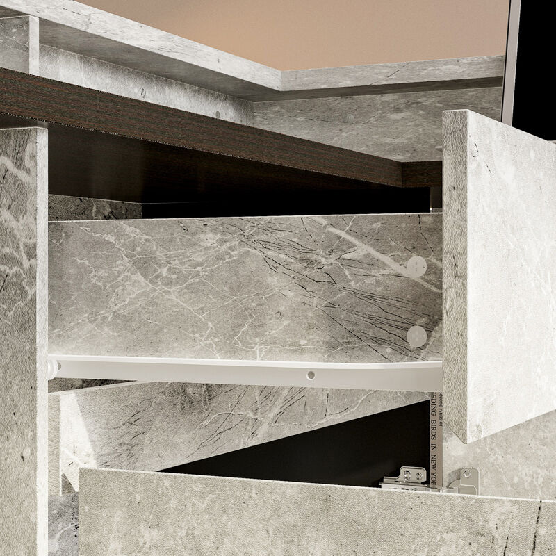 FUFU&GAGA Modern Reception Desk with LED Light Strips, Large Work Surface, Storage Cabinets & Open Shelves, Marble & Brown Finish (94.5 in.  W x 63 in.  D x 41.3 in.  H)