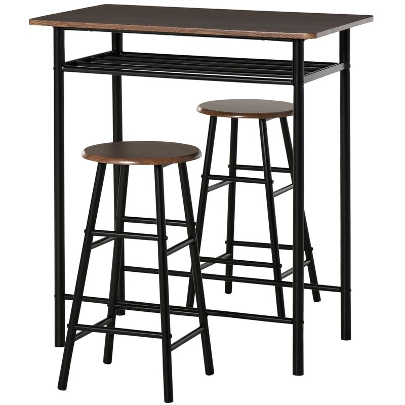 3 Piece Counter Height Bar Table and Chairs Set, Space Saving Dining Table with 2 Matching Stools, Brown/Black