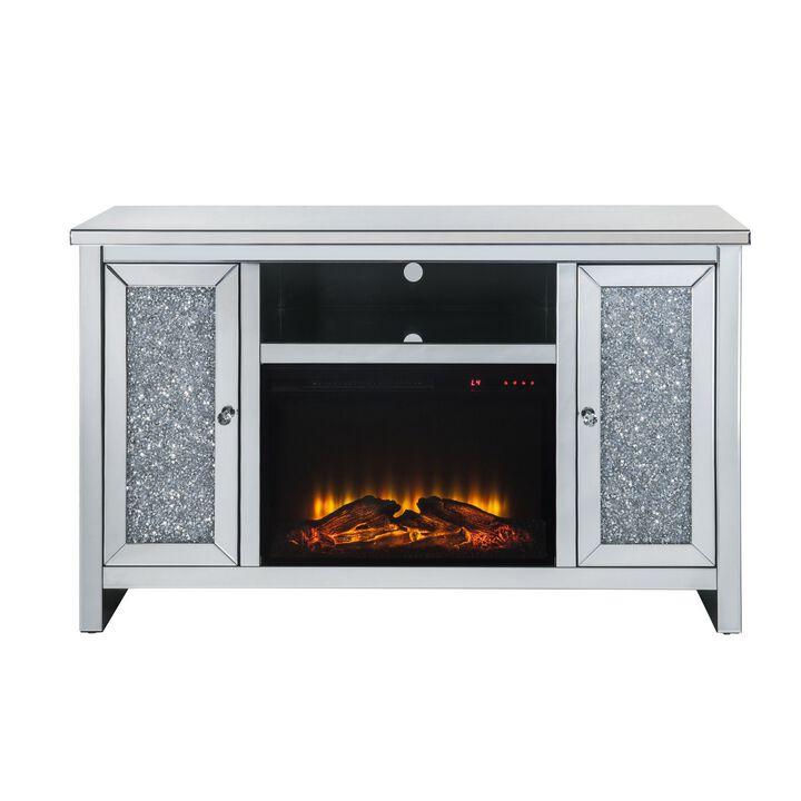 TV Stand with Electric Fireplace and Acrylic Faux Diamond, Silver - Benzara