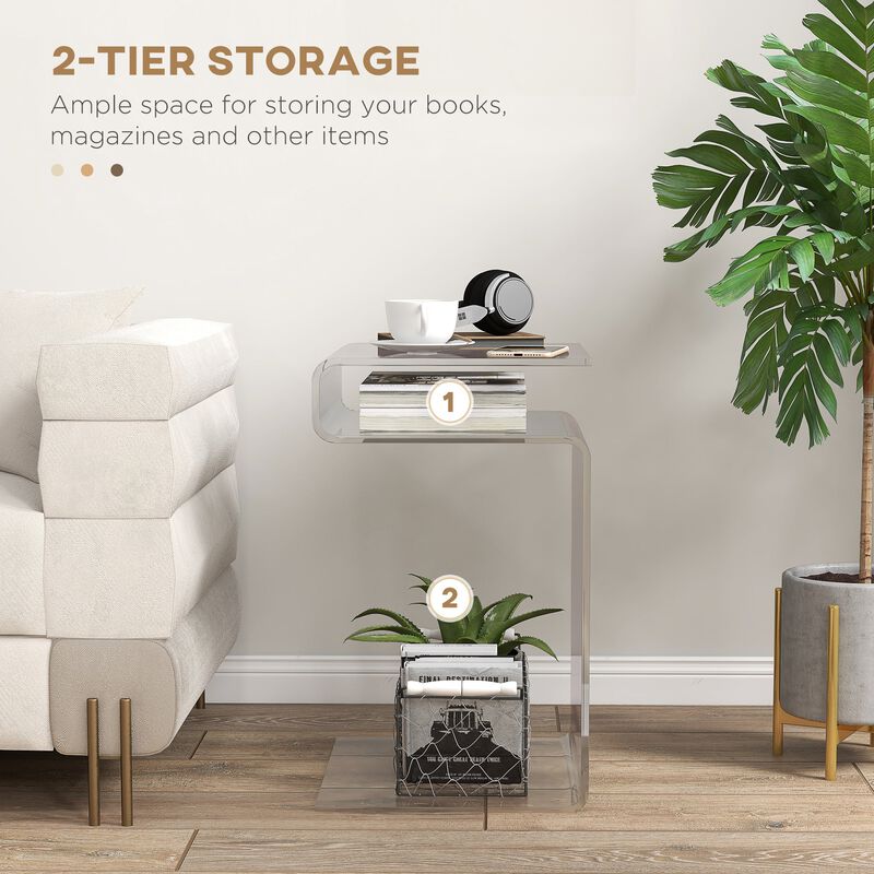 Modern Acrylic End Table, 2-Tier S-Shaped Side Table for Living Room, Small Spaces, 14.25" x 16.25" x 23", Clear