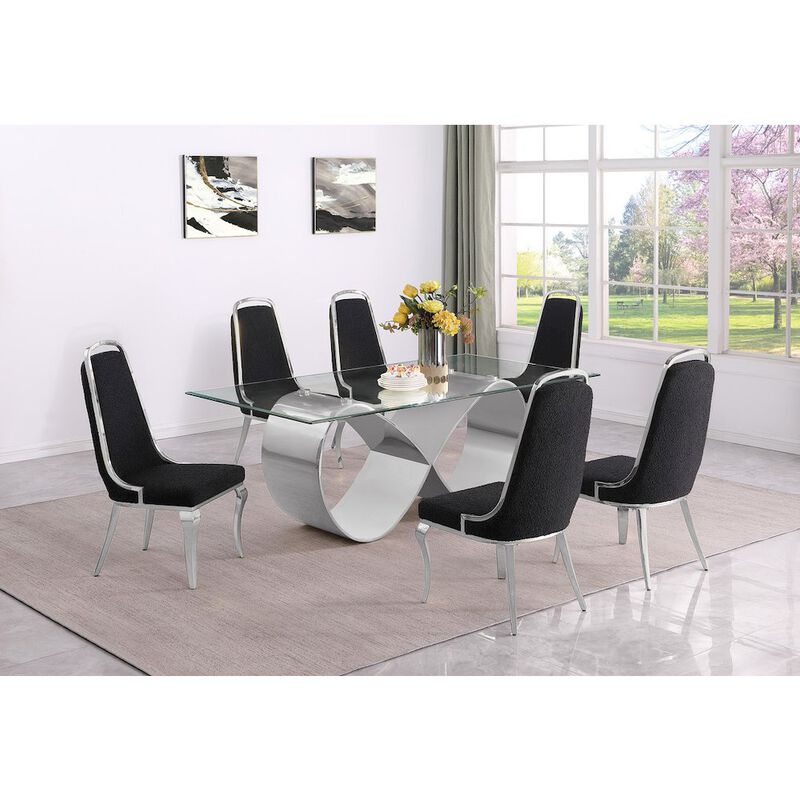 Best Quality Furniture 7Pc Tempered Glass Dining Set With 6 Black Boucle Side Chairs And A Silver Base