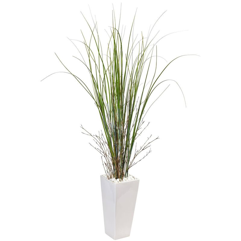 Nearly Natural 58-in Bamboo Grass in White Tower Planter image number 1