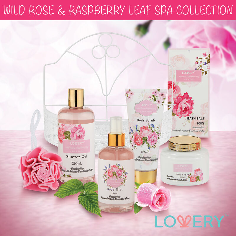 Lovery Home Spa Gift Basket - Wild Rose & Raspberry Leaf Scent - 7pc image number 2