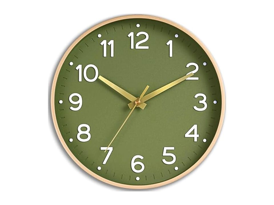 Green Gold Wall Clock 12 Inch Silent Non Ticking Modern Battery Operated
