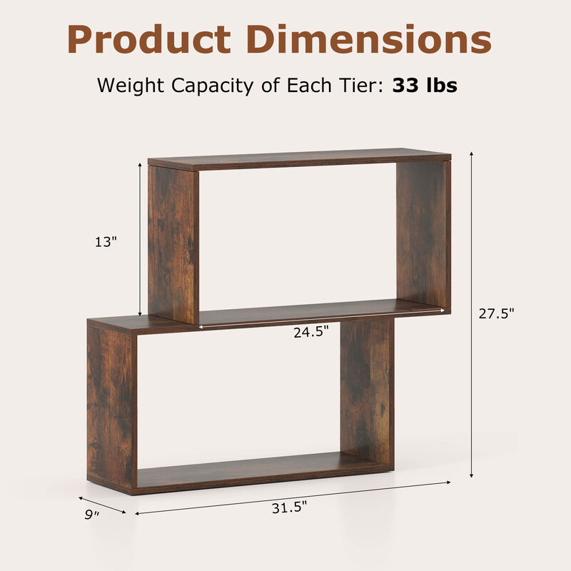 Freestanding 3 Tier Geometric Bookshelf Wooden Bookcase with 2 Cubic Compartments-Brown image number 2