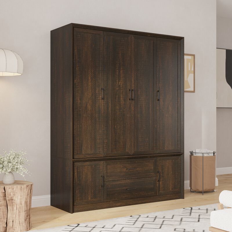 FUFU&GAGA 6-Door 2-Drawer Wardrobe with Black Metal Handles, Dark Brown Wood Grain Finish (62"W x 20.9"D x 79.7"H), Dark Brown