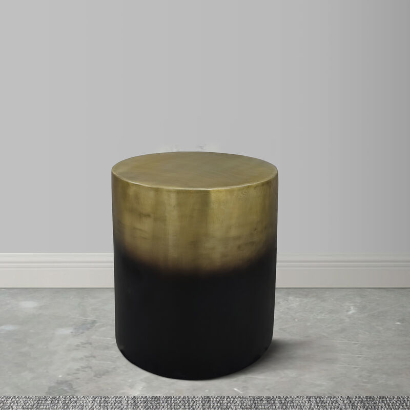 Dyan 20 Inch Side End Table, Round Drum Shape, Black, Gold Antique Brass Ombre