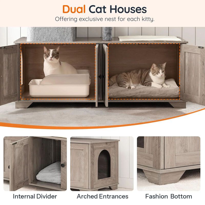 Double Cat Litter Box Hideaway with Integrated Cat Tree, Bed, and Hammock- Greige image number 7